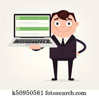 高兴的微笑, 商人, 办公室工人, 人, 性格, 握住, 笔记本电脑, 带