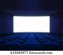 蓝色, 电影院, 空, 大厅, 带, 空白屏幕, 为, 电影, 表达