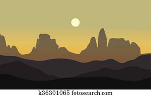 Clipart of , cactus, desert, illustrated panels, moon, mountain