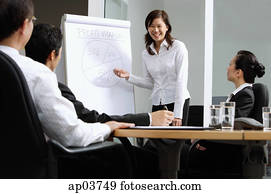 מנהלים, בעל, a, עסק, meeting,, אישה עומדת, ליד, פליפצ'ארט