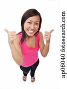 Young woman making thumbs up sign, smiling up at camera