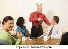 executiva, sorrindo, aproximadamente, saliência, com, chifres, cabeça