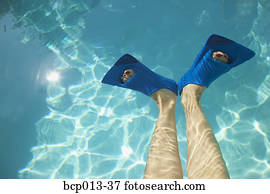 Overhead view of feet in swim fins.