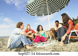 mensen, relaxen, op, een, strandparty