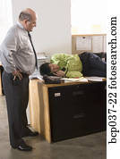 saliência, descobrir, empregado, adormecido escrivaninha