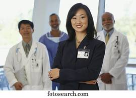 asiático, executiva, com, doutores, em, a, fundo