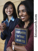 executiva, segurando, empregado, de, a, mês, placa