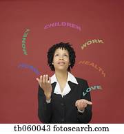 African businesswoman juggling words representing busy life