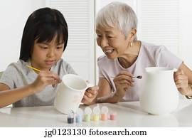 asiático, vó, e, neta, quadro, cerã¢­icas