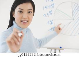 asiático, executiva, apontar, junta branca