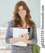 femininas, estudante universitário, segurando, livros