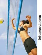 mulher jovem, voleibol jogo