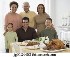 multi-generational, família hispânica, em, ação graças, tabela