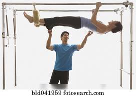 instrutor, manchando, mulher, ligado, exercite equipamento