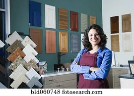 hispânico, escrevente vendas, em, decoração lar, loja