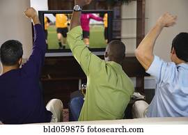 Multi-ethnic men cheering on sofa