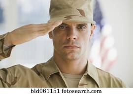 hispânico, macho, soldado, saudando