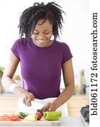 mulher africana, corte, legumes