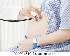 Pregnant Asian woman having checkup in doctor’s office