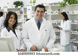 retrato, de, farmacêuticos, em, farmácia