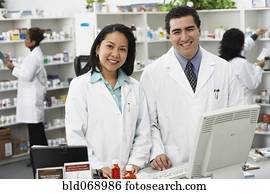 retrato, de, farmacêuticos, em, farmácia