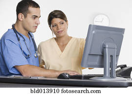 enfermeiras, olhando computador, monitor