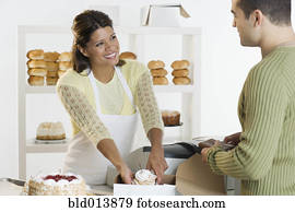 mulher, em, panificadora, ajudando, cliente