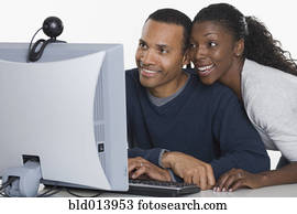 par, olhando computador, monitor, junto