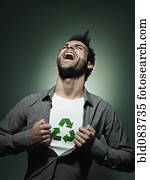 Caucasian man with recycling symbol in his shirt