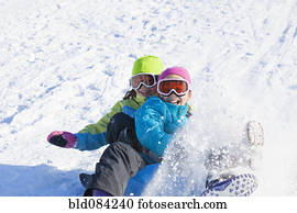 raça misturada, meninas, sledding, em, neve