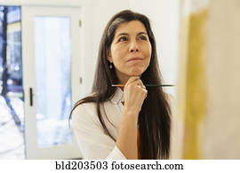 hispânico, artista, trabalhando, em, estúdio