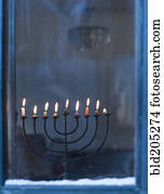 lit, menorah, auf, fensterbank lit, menorah, auf, fensterbank