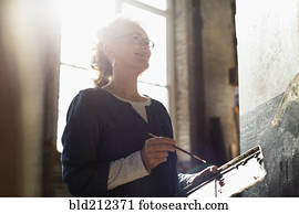 caucasiano, artista, quadro, em, estúdio