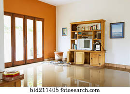 mídia, centro, e, janelas, de, inundado, casa