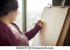 caucasiano, artista, esboçar, ligado, cavalete