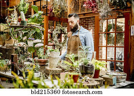 caucasiano, empregado, com, plantas, em, berçário
