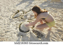 caucasiano, menina adolescente, predios, sandcastle, ligado, praia