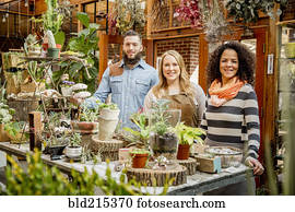empregado, e, fregueses, sorrindo, em, plante berçário