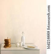Still life of bread, cheese and milk