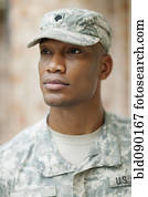 sério, pretas, soldado, em, uniforme