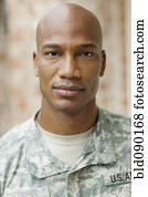 sério, pretas, soldado, em, uniforme