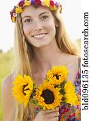 tranqüilo, caucasiano, mulher segura, girassóis