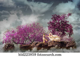 mulher chinesa, segurando, tecido, em, nevoeiro, ligado, ventoso, rocha