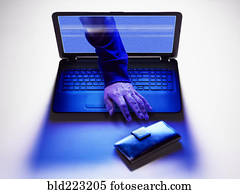 mão, de, hacker, alcançar, carteira, de, tela, de, laptop