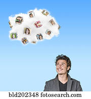 caucasiano, homem, olhar, nuvem, contendo, cubos, com, quadros, de, pessoas