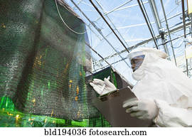 cientista, em, ação judicial limpa, trabalhando, em, estufa