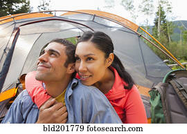 sorrindo, acampamento par, junto