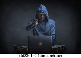 caucasiano, hacker, roubando dinheiro, de, laptop