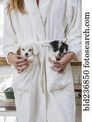 caucasiano, mulher, desgastar, bathrobe, carregar, filhotes cachorro, em, bolsos