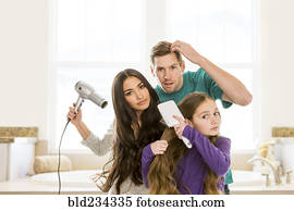 família, aparência, cabelo, em, banheiro